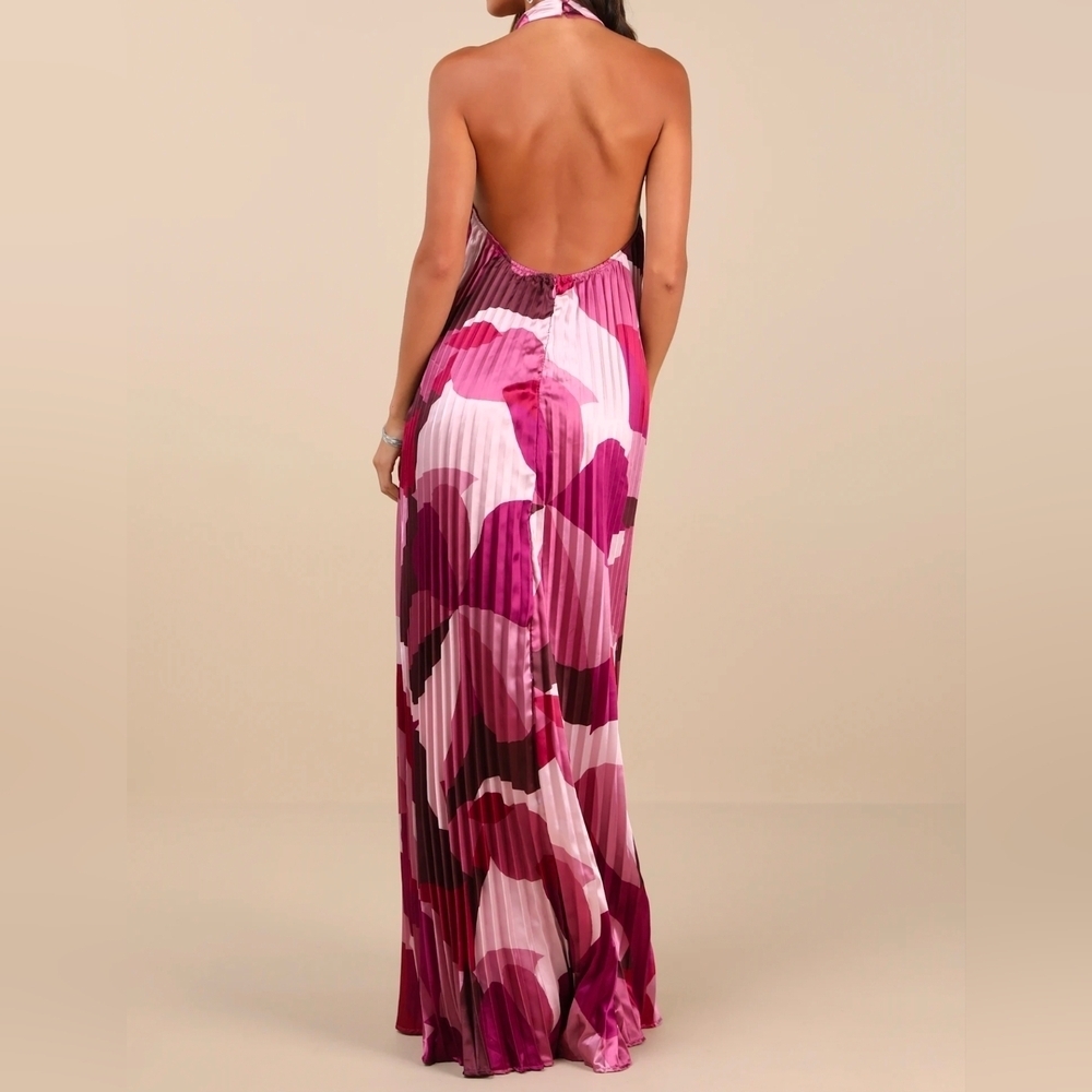 Lulus Prime Poise Pink Multi Abstract Satin Halter Maxi Dress, Size Large - Picture 5 of 12